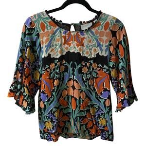 Maeve 100% Silk Top Womens 0 Black Floral Bell Sleeve Ruffle Folkart